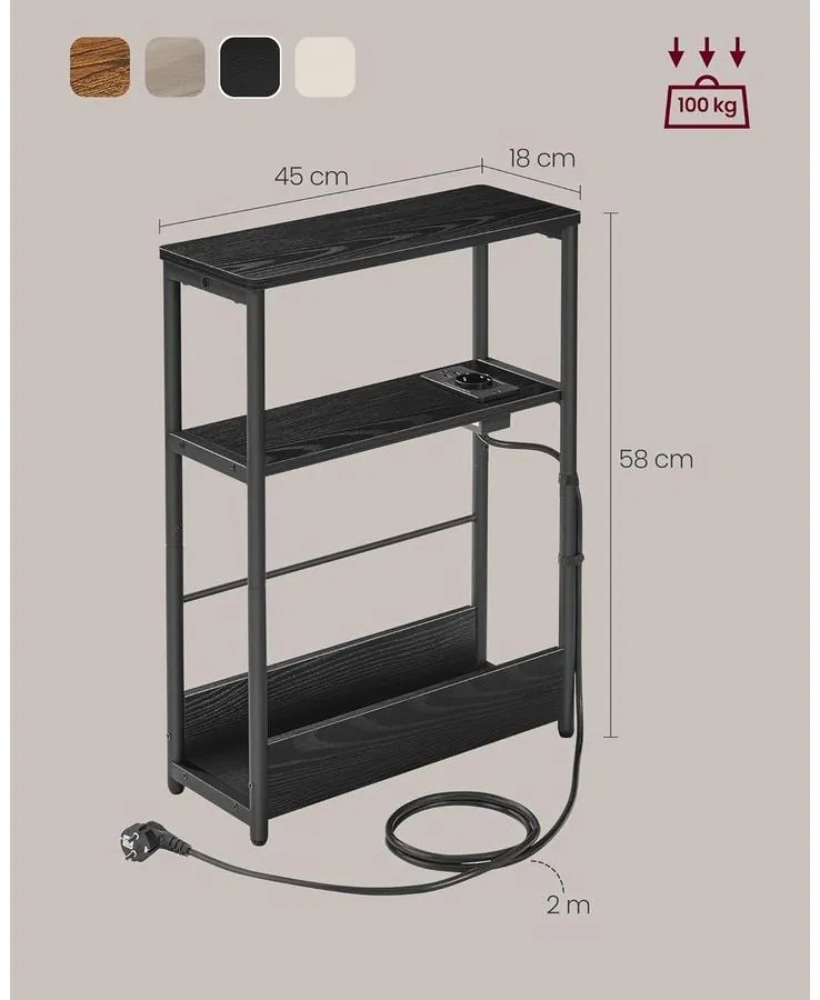 Keskeny oldal asztal töltő funkcióval 3 polcos, 18 x 45 x 58 cm tinta fekete