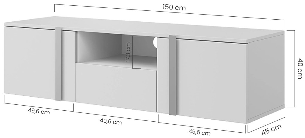 Verica 150 cm-es TV-szekrény, falra szerelhető, nyitott polccal - szivacsos-tölgy / arany fogantyúk