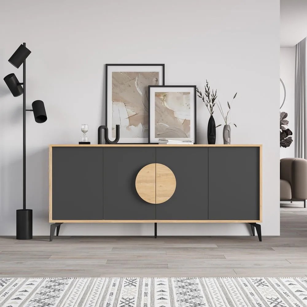 Fekete-natúr színű alacsony komód tölgyfa dekorral 180x82 cm Vae – Marckeric