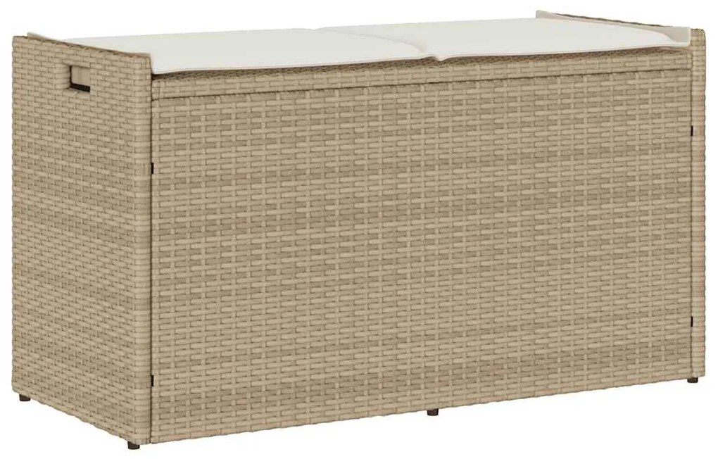 Bézs polyrattan kültéri tárolópad párnával 100 cm