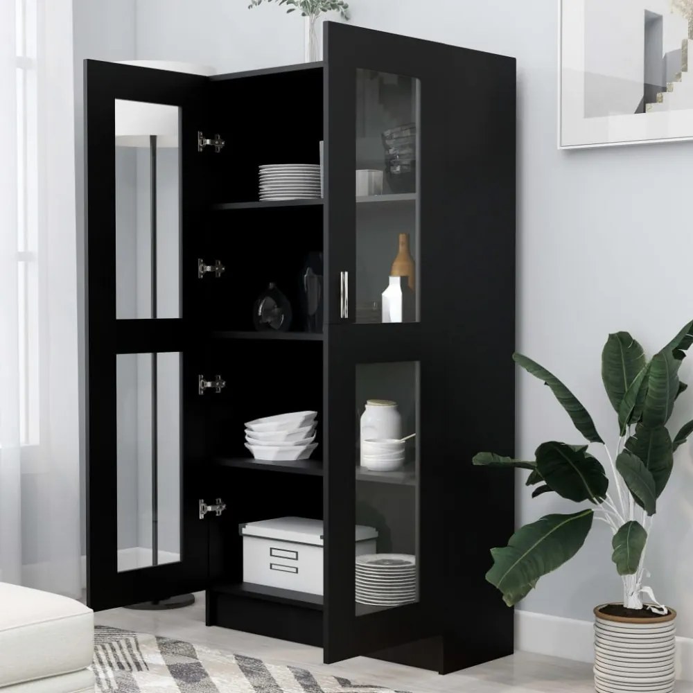 fekete szerelt fa vitrinszekrény 82,5 x 30,5 x 150 cm