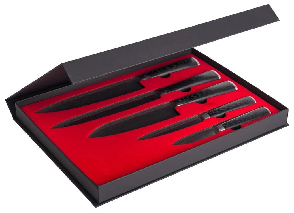 G21 Damascus Premium késkészlet bambusz blokkban, doboz, 5 db + köszörűkő