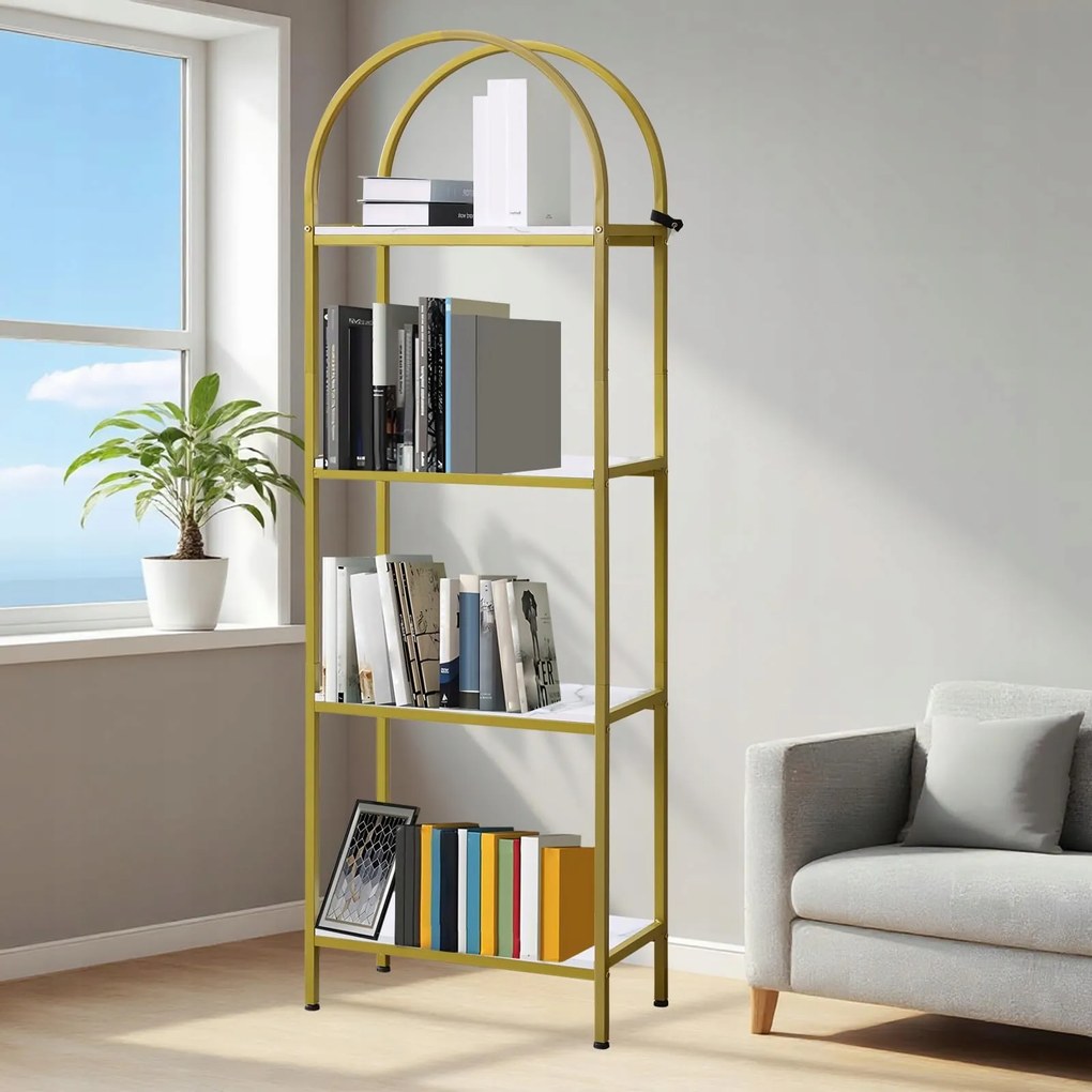 1x Íves Könyvespolc 4 Szintes, Arany Keret &amp; Fehér Panel