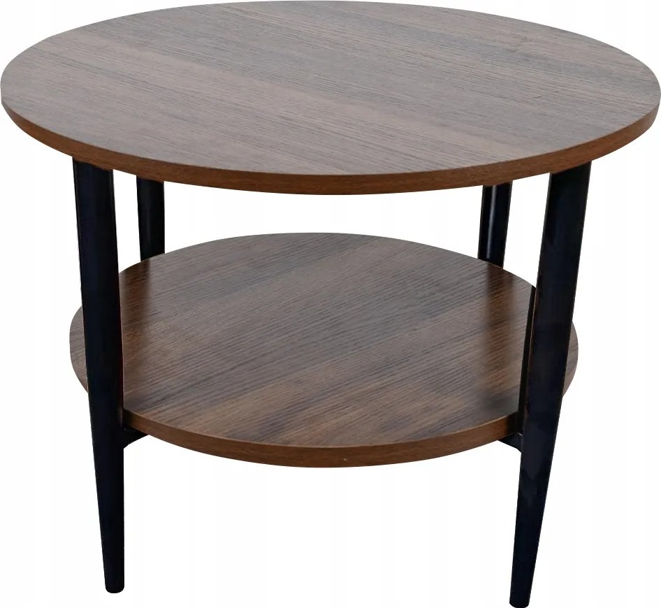 Kerek dohányzóasztal, modern, indusztriális stílusú, polccal, barna, 60 cm