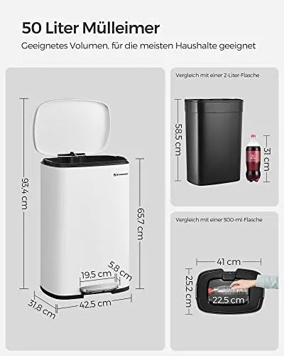 Konyhai pedálos kuka, 50l szemetes kuka puha záródással, fehér