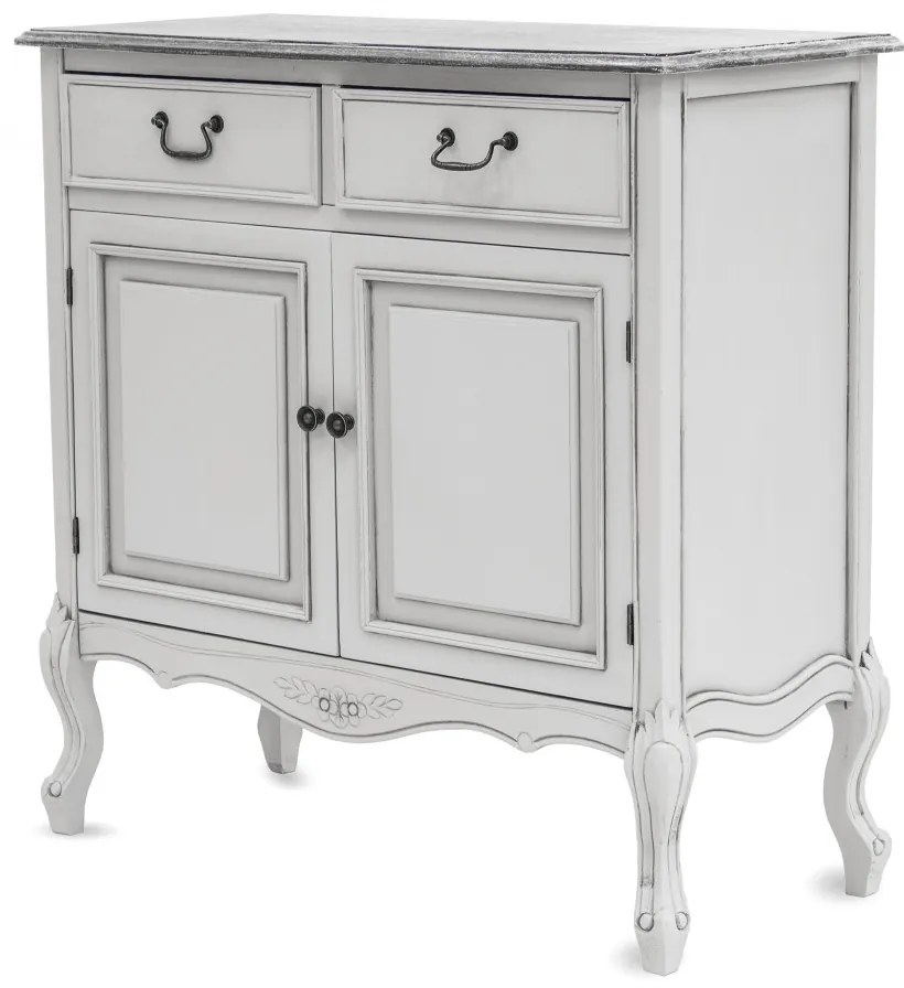Provence törtfehér vintage 2 fiókos 2 ajtós vintage fa komód faragott díszítéssel 92x90x40cm