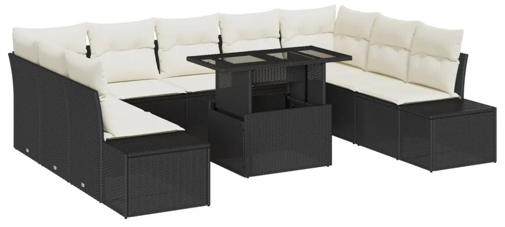 Kerti kanapé szett 10 darabos Fekete és krém Rattan, Szövet, Hab