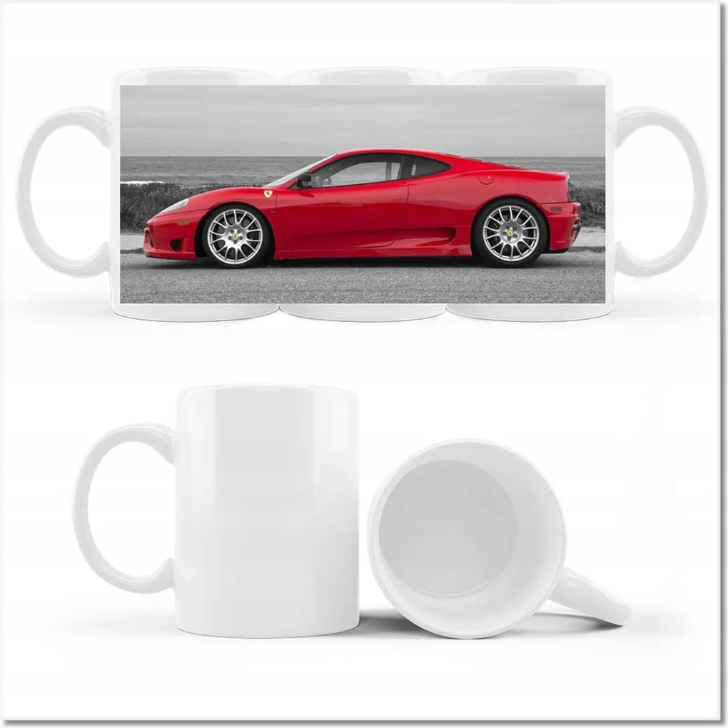 Piros Ferrari mintás bögre a tengerparton