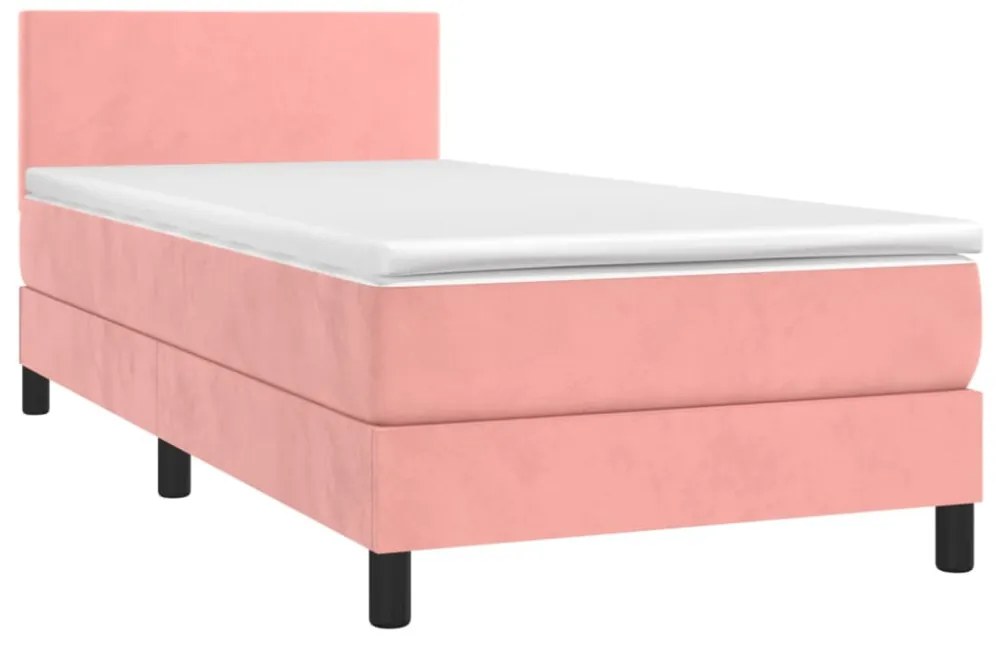 rózsaszín bársony rugós és LED-es ágy matraccal 100x200 cm
