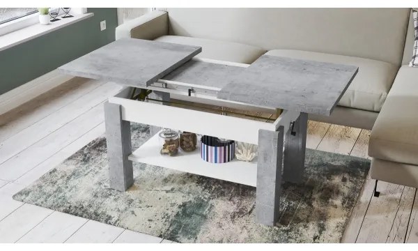 ADONIS szürke beton/fehér kihúzható konferencia/étkezőasztal polccal