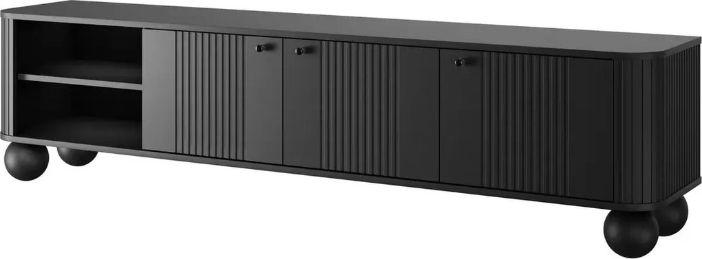 Vesper TV-szekrény 187 cm háromajtós - fekete / fekete fogantyúk / gömb lábak