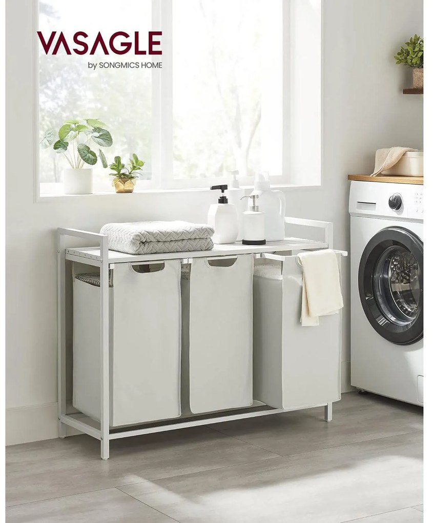 Szennyestartó, 3 rekeszes szennyeskosár fém kerettel, fehér