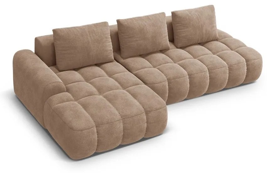 Világosbarna bársony kinyitható-tárolóhelyes sarokkanapé (bal oldali-heverő résszel) Linz – Cosmopolitan Design