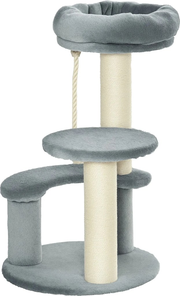 PawHut Macska Mászófa Hintaággyal, 3-Szintes Játékfa Macskaággyal és Kaparóoszloppal, Ülőfelülettel, Zsákos Oszlopok, Szürke Ø40 x H65 cm | Aosom