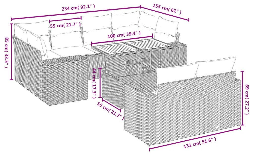 11 részes bézs polyrattan kerti ülőgarnitúra párnákkal