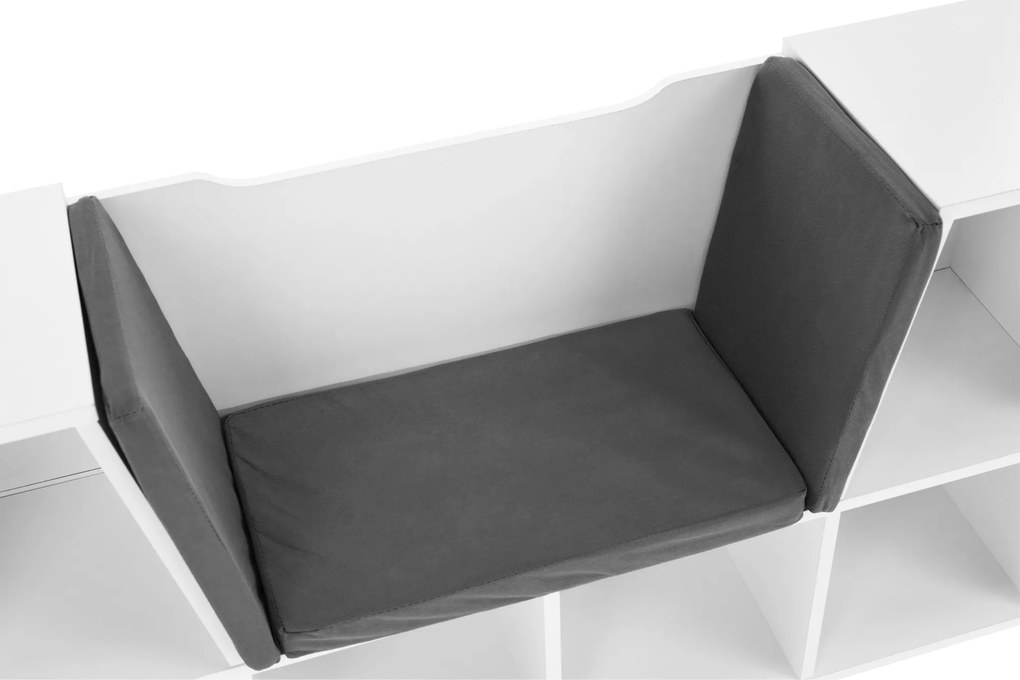 Gyerekkönyvtár ülőhellyel, fehér/szürke, FERIA