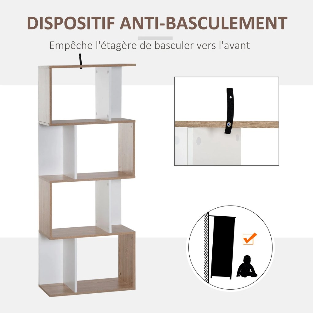 HOMCOM Kortárs S-alakú könyvespolc tárolóegység 4 polccal 60L x 24W x 148H cm Tölgy Fehér | Aosom