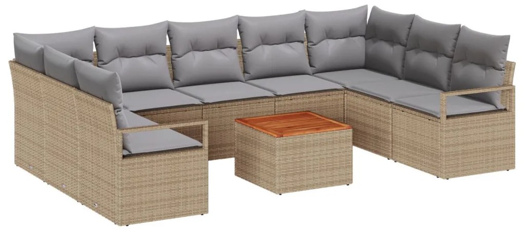 10 Darabos Kerti Sofa Szett Párnákkal Bézs Poli Rattan Akác, 2-Személyes Kerti Sofa Párnákkal Bézs Poli Rattan
