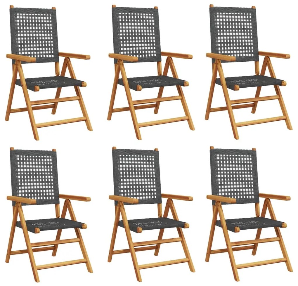 6 db fekete polyrattan és tömör fa dönthető kerti szék
