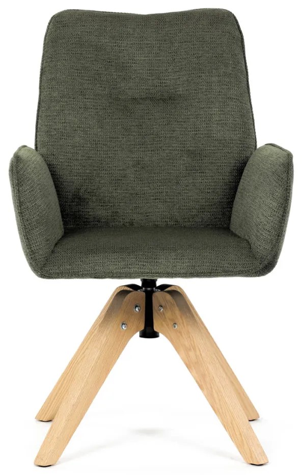 Scaun de sufragerie cu cotiere, din material verde hidrofug, cu picioare de stejar, rotativ la 360°