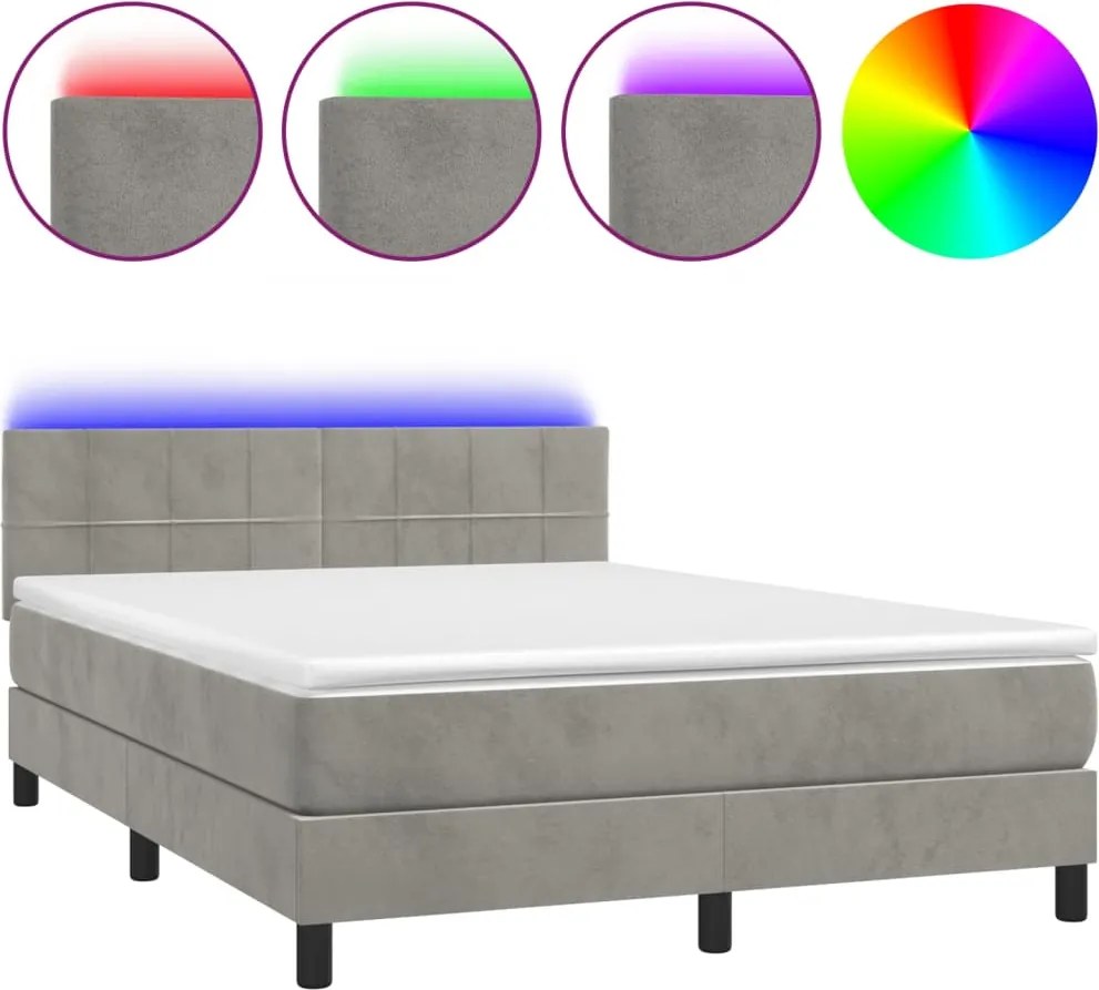vidaXL világosszürke bársony rugós és LED-es ágy matraccal 140x190 cm