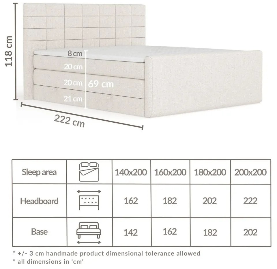 Bézs ágyneműtartós boxspring ágy 180x200 cm Ava – Maison de Rêve