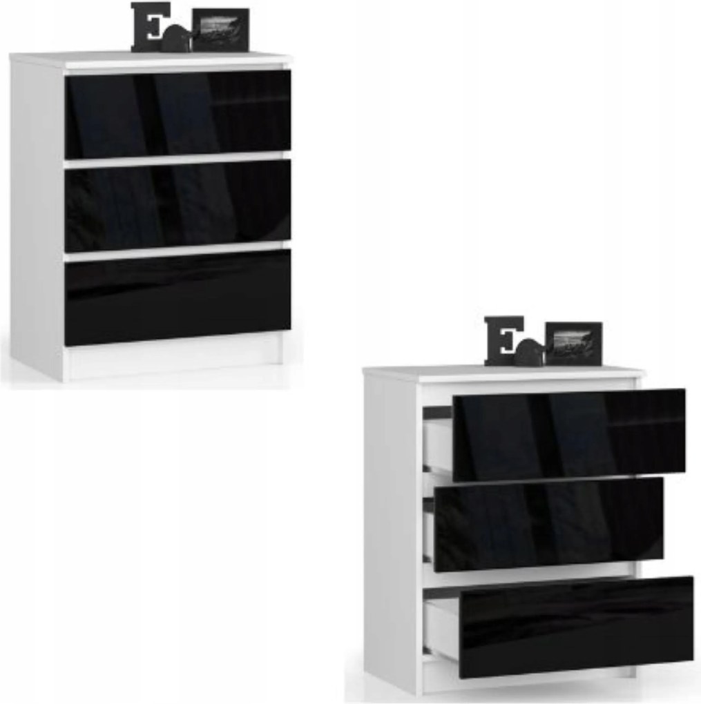 Komód szekrény K60 3 fiókos fehér fekete fényes Akd