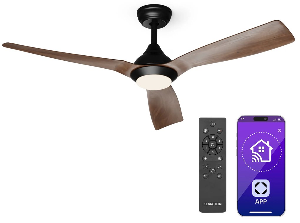 Klarstein Fiji Flow 2 az 1-ben Smart, mennyezeti ventilátor, Ø 132 cm, dimmelhető LED világítás, távirányító, vezérlés applikáción keresztül, 2 irányú működtetés