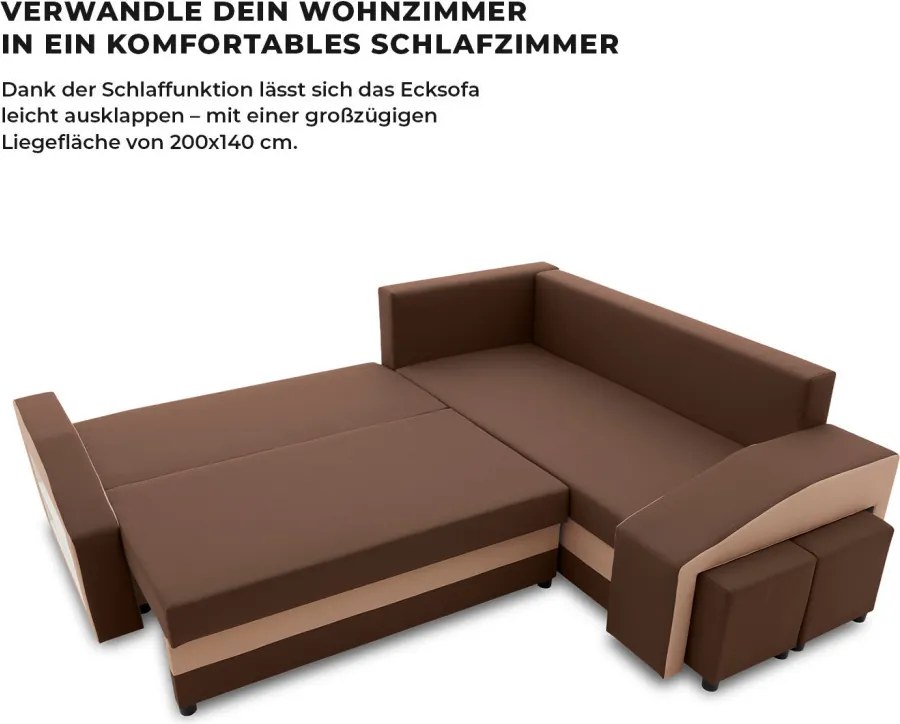 Grande sarokkanapé polcokkal és puffokkal , polc a bal karfaban puffok a jobb karfaban, jobboldali, szövet anyag, bonell töltet, barna