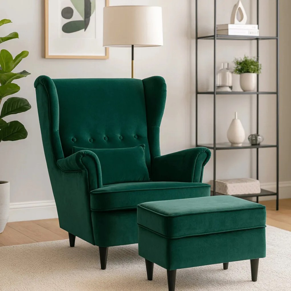 Elegáns Füles Fotel Lábtartóval Zöld Bársony Kárpittal. EVAN 2