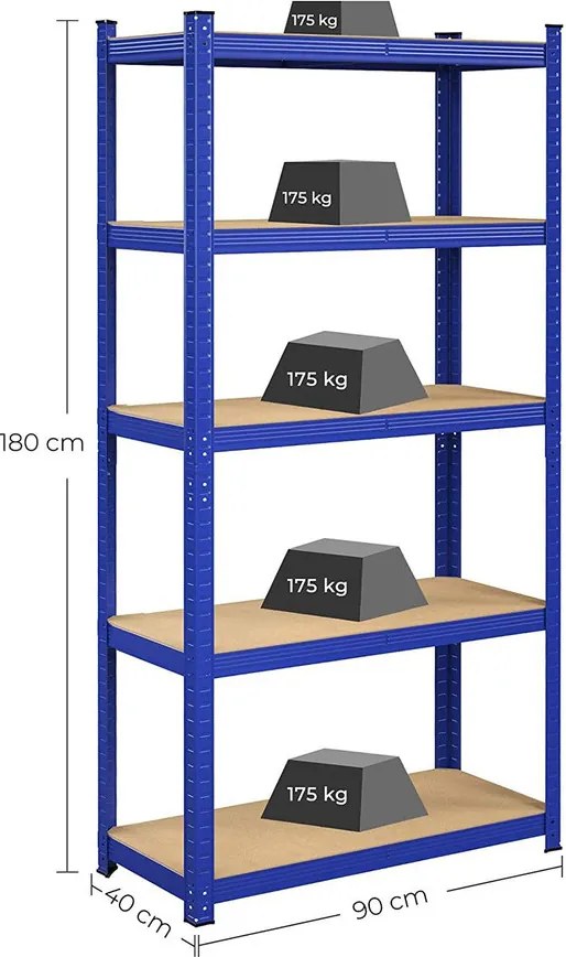 Fém polc 5 szintes, 875 kg teherbírással, 90 x 40 x 180 cm, kék