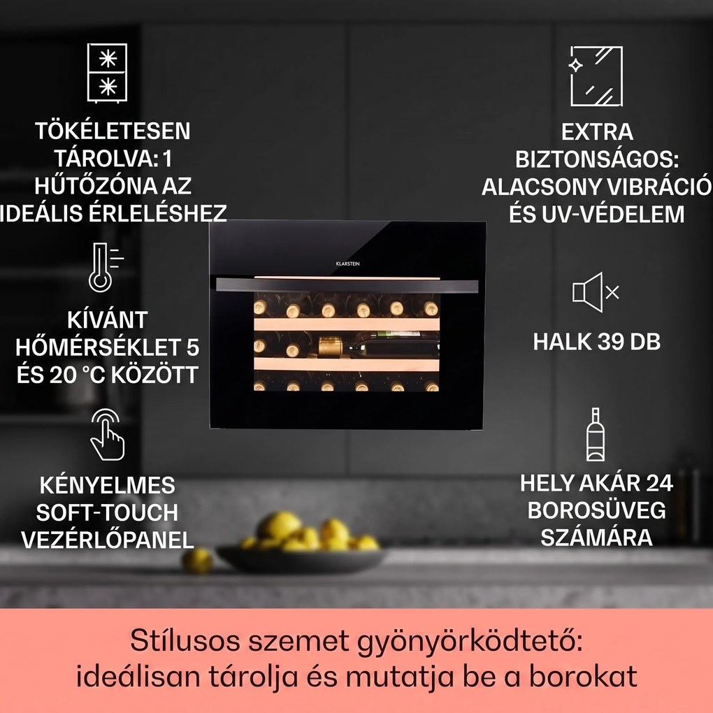 Klarstein Vinsider 24 Built-In Uno, borhűtő, 24 palack, G energiahatékonysági osztály, 1 zóna