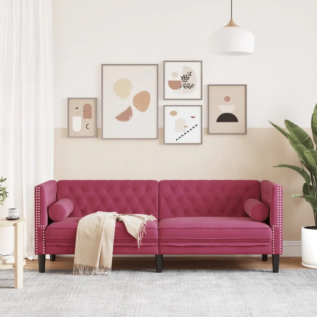 3 személyes bordó bársony Chesterfield kanapé hengerpárnákkal