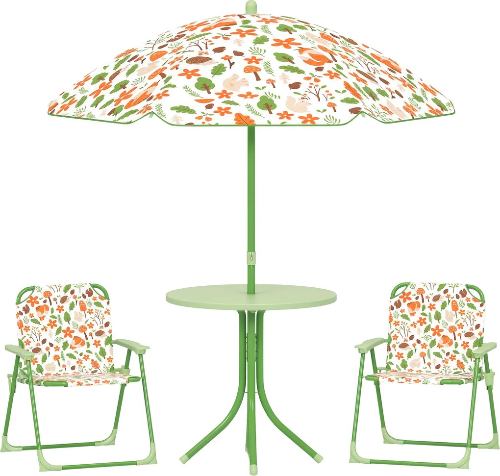 AIYAPLAY Gyermek Kerti Asztal és Szék Készlet 4 Részes, Gyerekeknek Kerek Asztallal és Hajtható Székekkel, Állítható Napernyő, Róka Design, Zöld | Aos