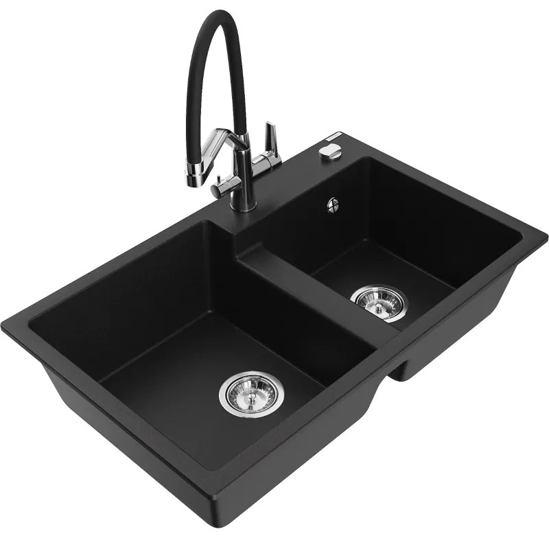 Mexen Tomas 2 rekeszes gránit mosogató Duo konyhai csapteleppel, fekete - 6516-77-671701-07