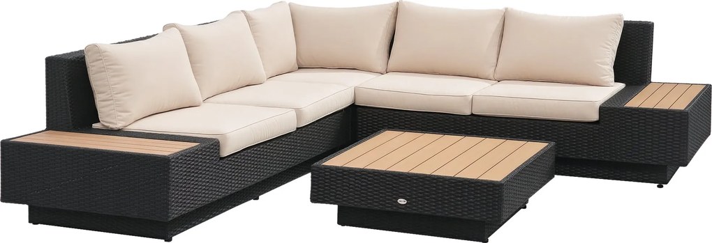 Outsunny 4 részes Luxus Poli Rattan Kertbútor Szett - Kertbútor Lounge Szett Polcokkal és Oldaltáblával, Ülőpárnával, Fekete | Aosom