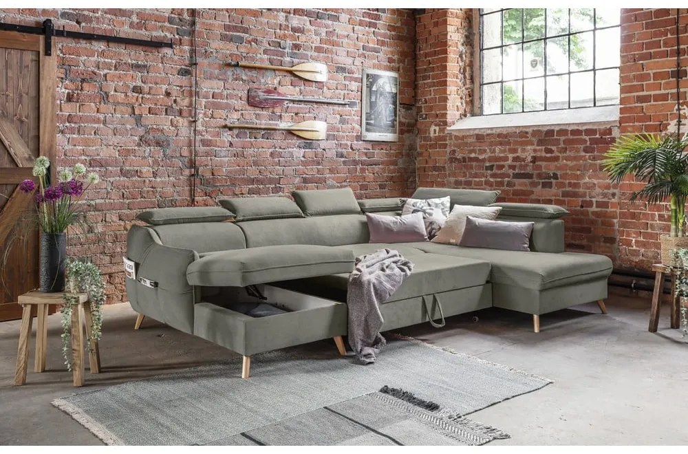 Világosszürke bársony kinyitható sarokkanapé (jobb oldali-"U" alakú) Sweet Harmony – Miuform