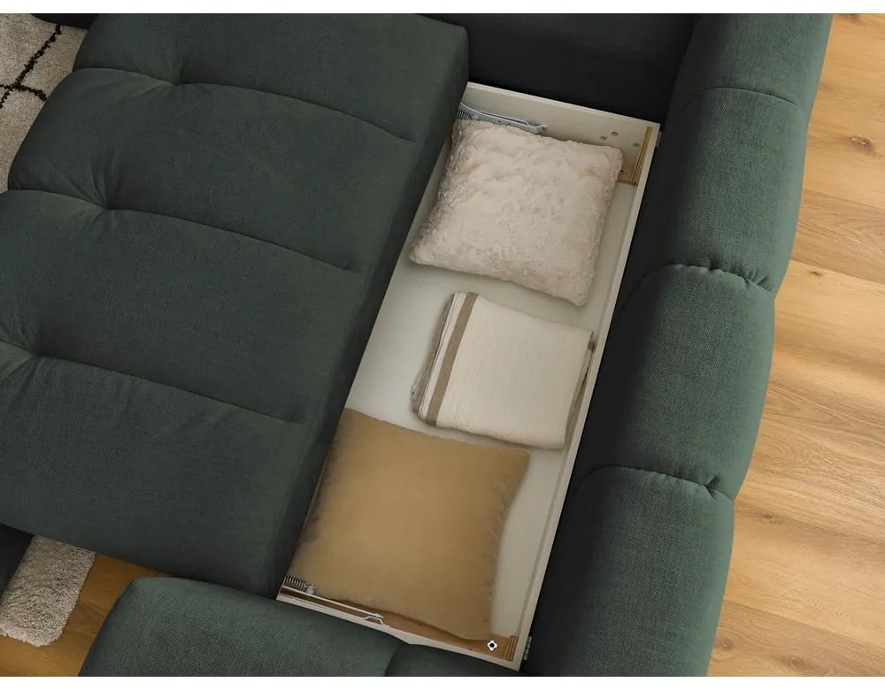 Zöld kinyitható-tárolóhelyes sarokkanapé (bal oldali-L alakú) Fuji – Bobochic Paris