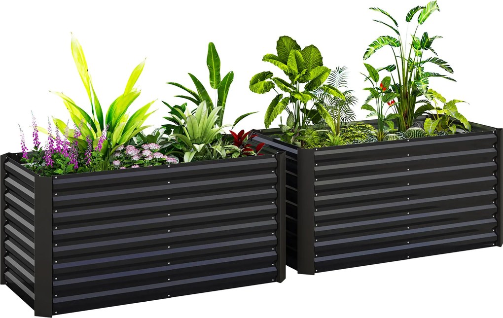 Outsunny 2 db-os Emelt Virágágy Szett, Téglalap Alakú Emelt Kertészők, Kert DoBoZok, Nyitott Alj, Galvanizált Acél Emelt Kertágyak Fűszerekhez, Gyümöl