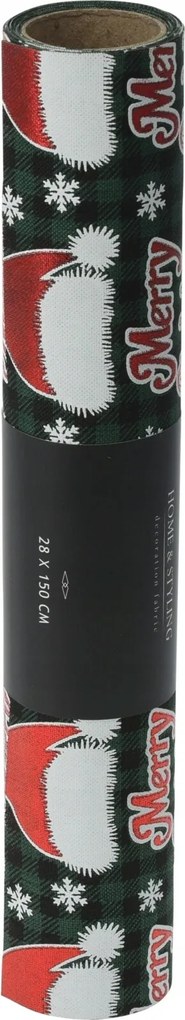 Karácsonyi díszes futó mikulás sapkával, zöld (28x200 cm)