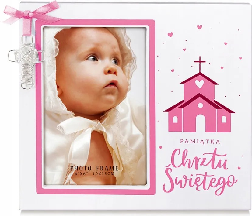 Keresztelő Képkeret Keresztelő Ajándéktárgy Templom Fehér-rózsaszín 20x18cm