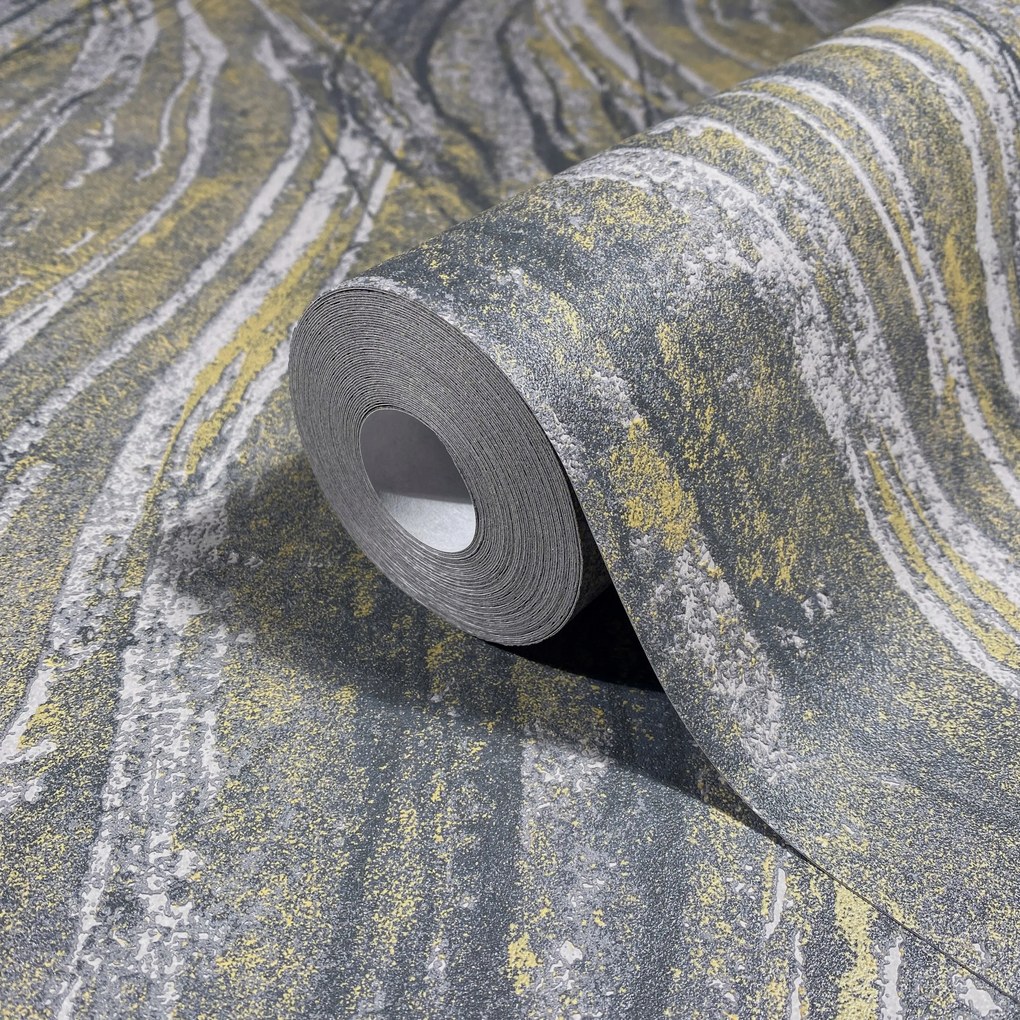 Sötétszürke tapéta az irodai szobába, hullámos sárga tapéta szerkezettel