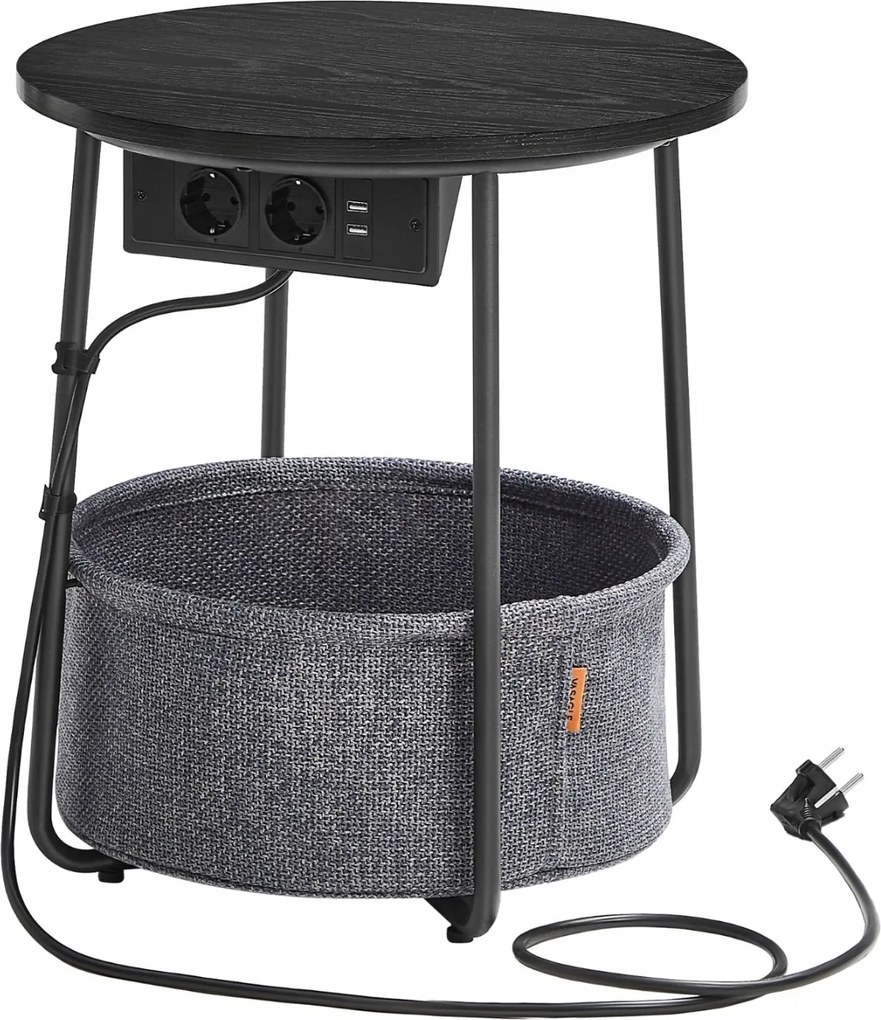 Kis funkcionális dohányzóasztal újságtartóval és tápkábellel