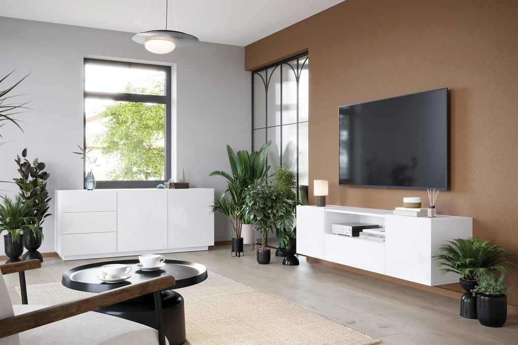 Asha komód 167 cm kétajtós fiókos - fehér magasfényű