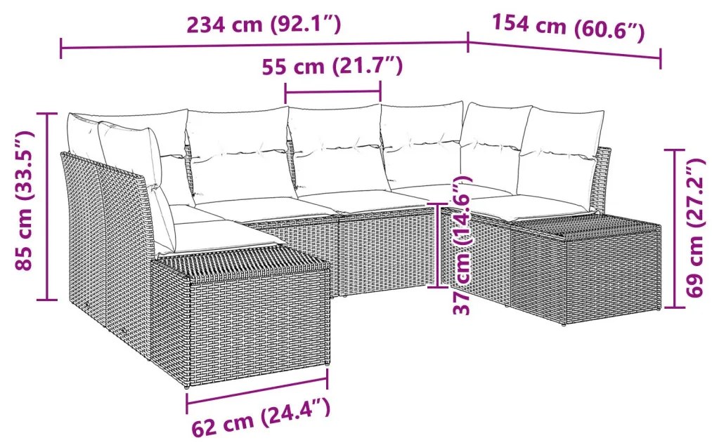 6 Darabos Kert Sofa Szett Párnákkal Fekete Poli Rattan