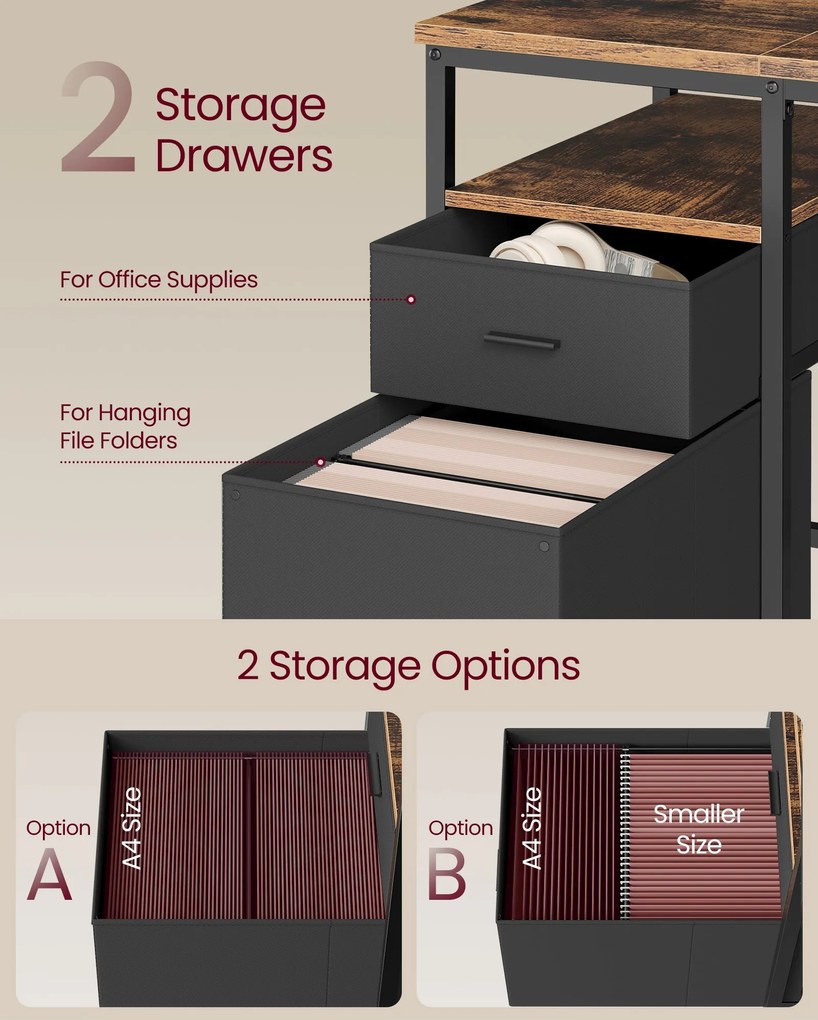 Íróasztal tárolóval, 3 polccal, 2 fiókkal, rusztikus barna-fekete, 160x60 cm