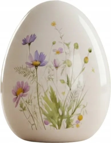 Tojás fehér mázas virágokkal lila/sárga 15,5 cm