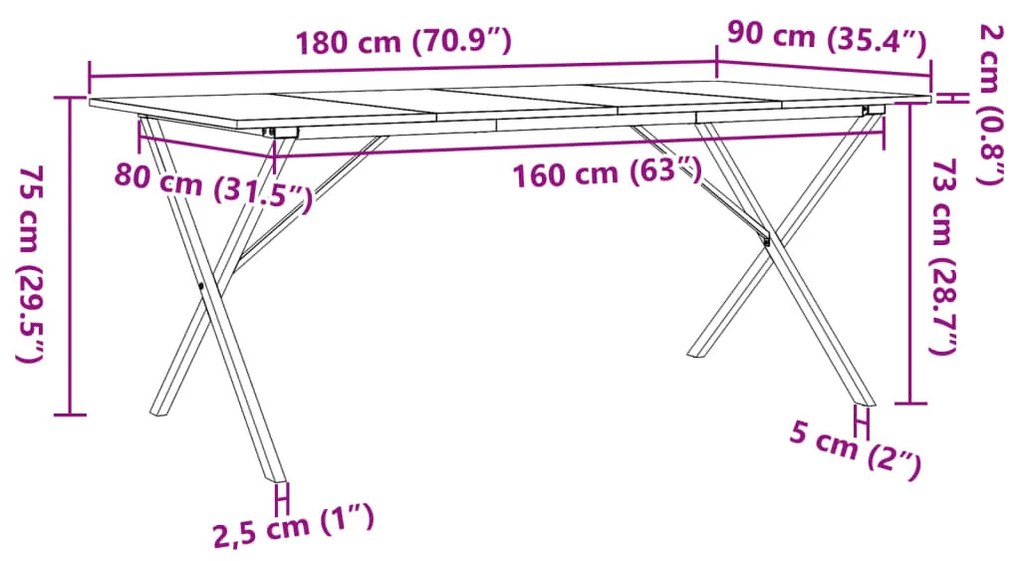 tömör fenyőfa és öntöttvas étkezőasztal X-vázzal 180x90x75 cm