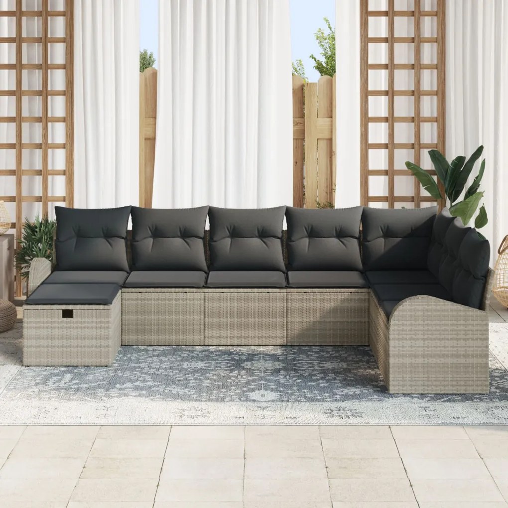 8 Részes Kerti Kanapészett Párnákkal Világos Szürke Poly Rattan