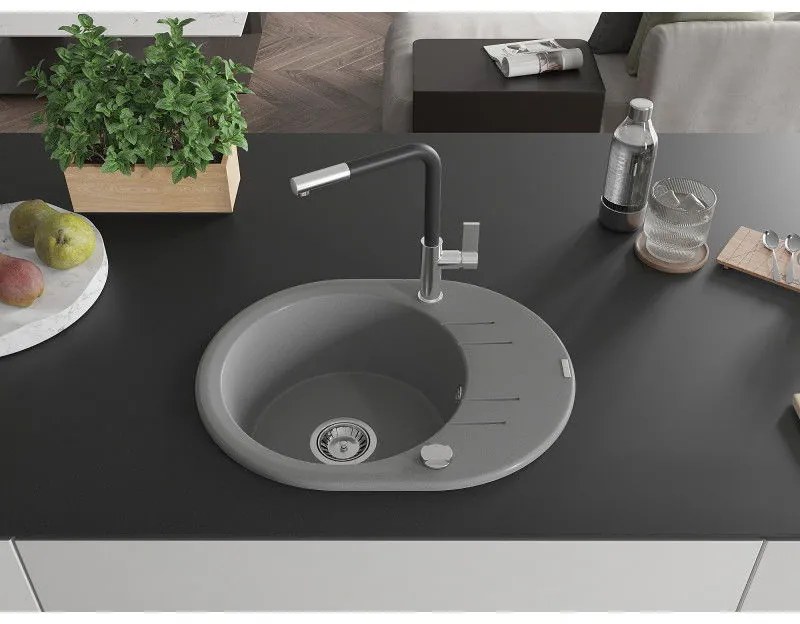 Mexen Kevin, 1 kamrás gránit mosogató 586x458x190 mm és Flora mosogató csaptelep, szürke, 6517-71-670401-07